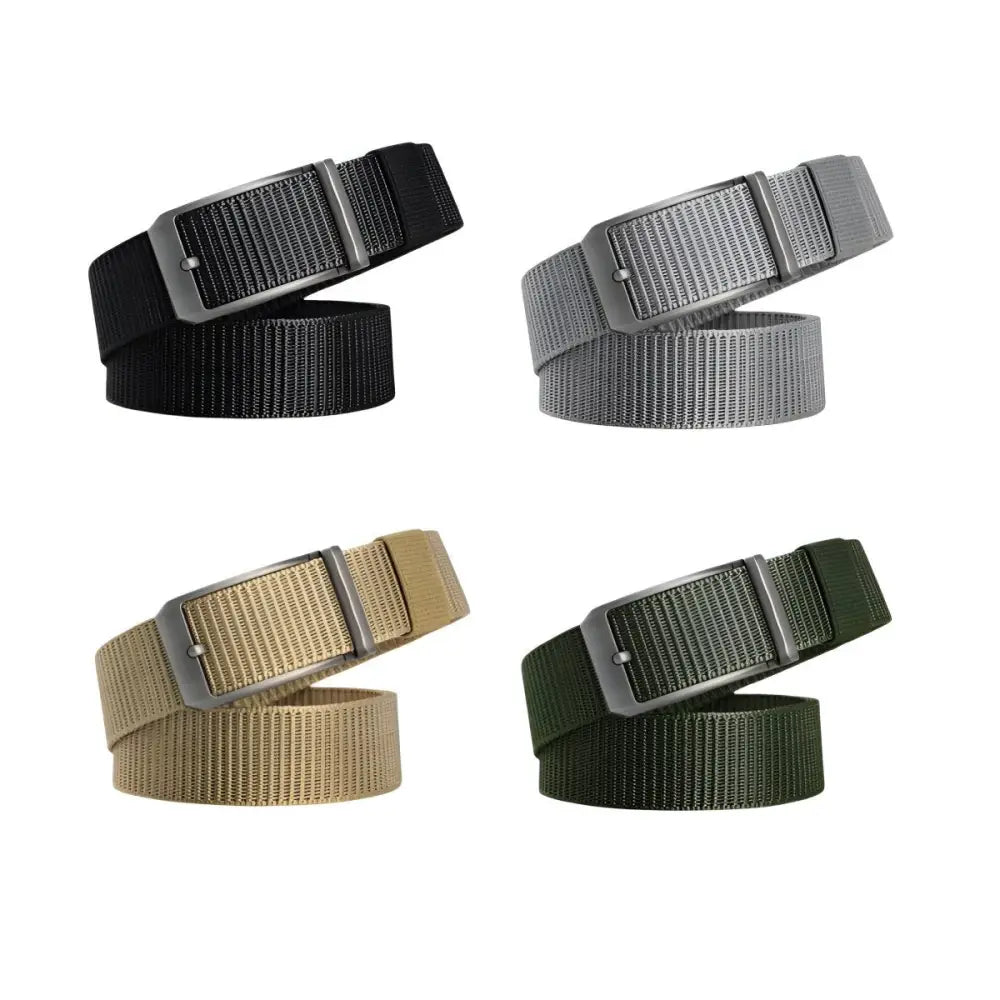 Four textured khaki nylon fabric belts with metal buckles displayed in a product image