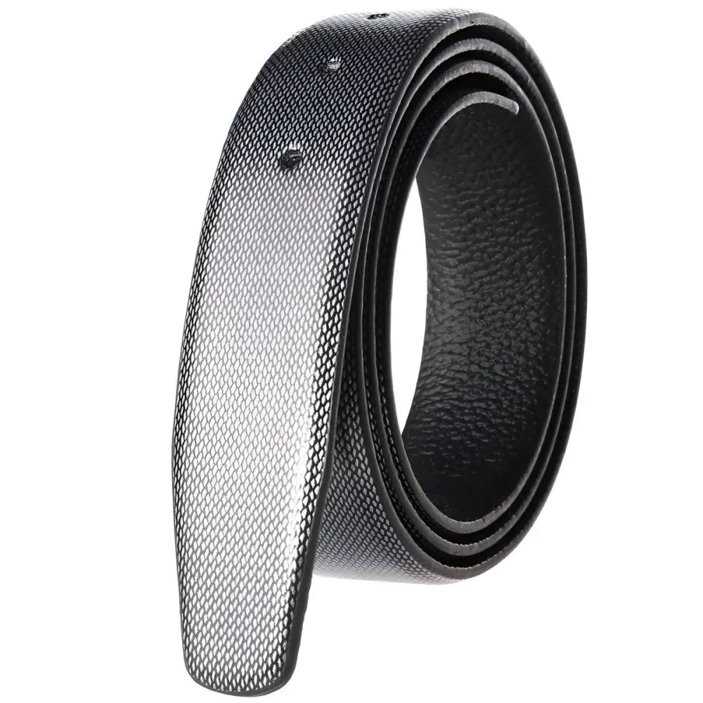 Black and silver patterned leather strap belt with tang buckle for stylish accessories