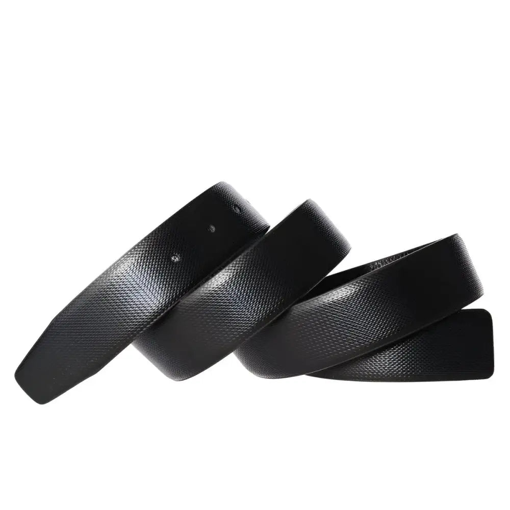 Black textured leather belt with tang buckle and multiple straps for stylish wear