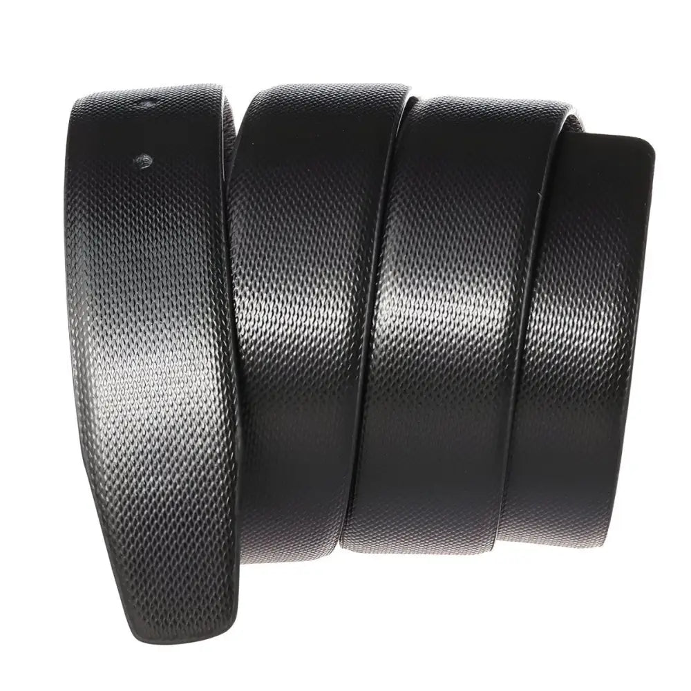 Coiled black leather strap belt with tang buckle and multiple straps for men or women
