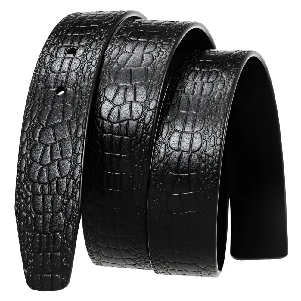 Black crocodile-patterned leather belt strap showcasing luxurious texture and craftsmanship