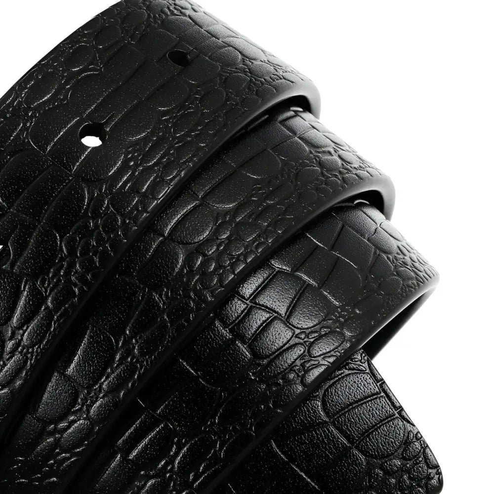 Black crocodile-patterned leather belt strap showcasing luxury and durability