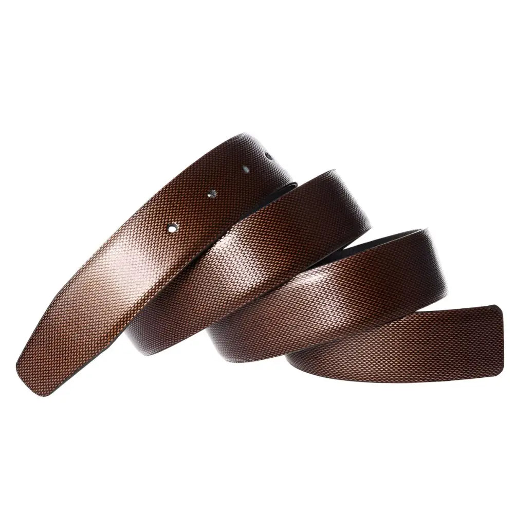 Brown textured leather strap with tang buckle on Coiled Black Leather Belt product