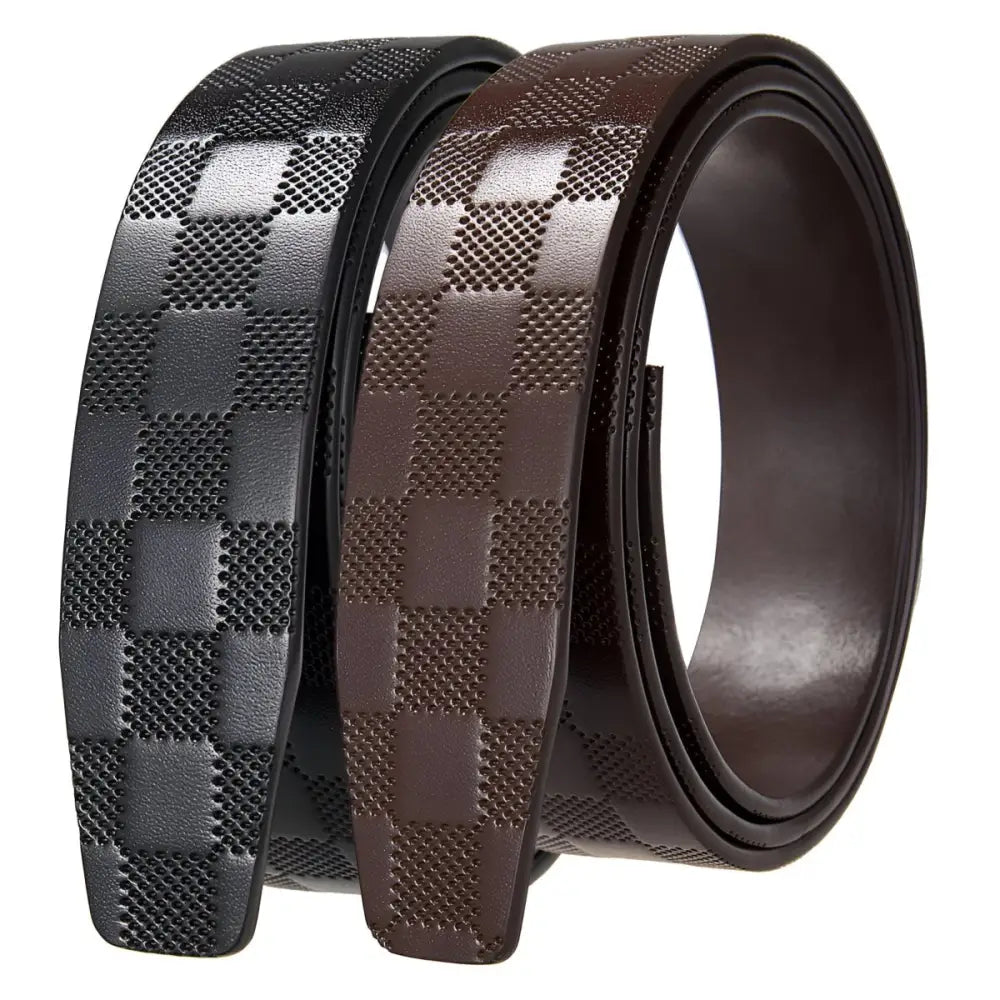 Black checkered leather belt strap displayed, perfect for stylish leather belts