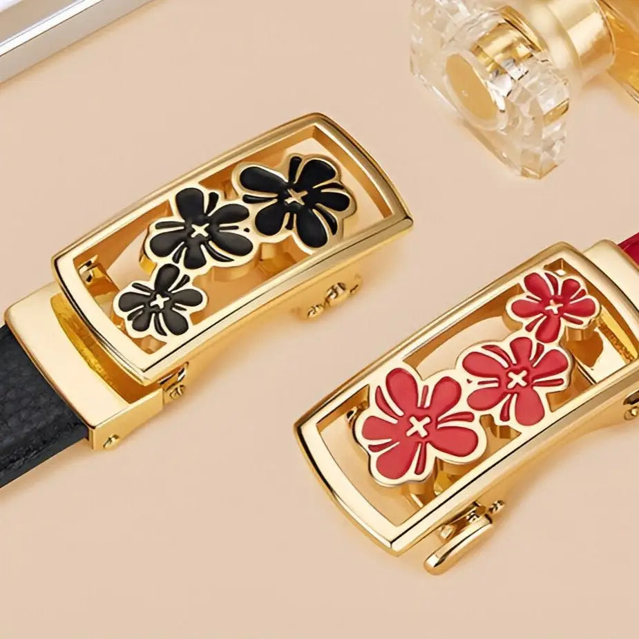 Grained leather belt with a unique floral buckle featuring three flowers
