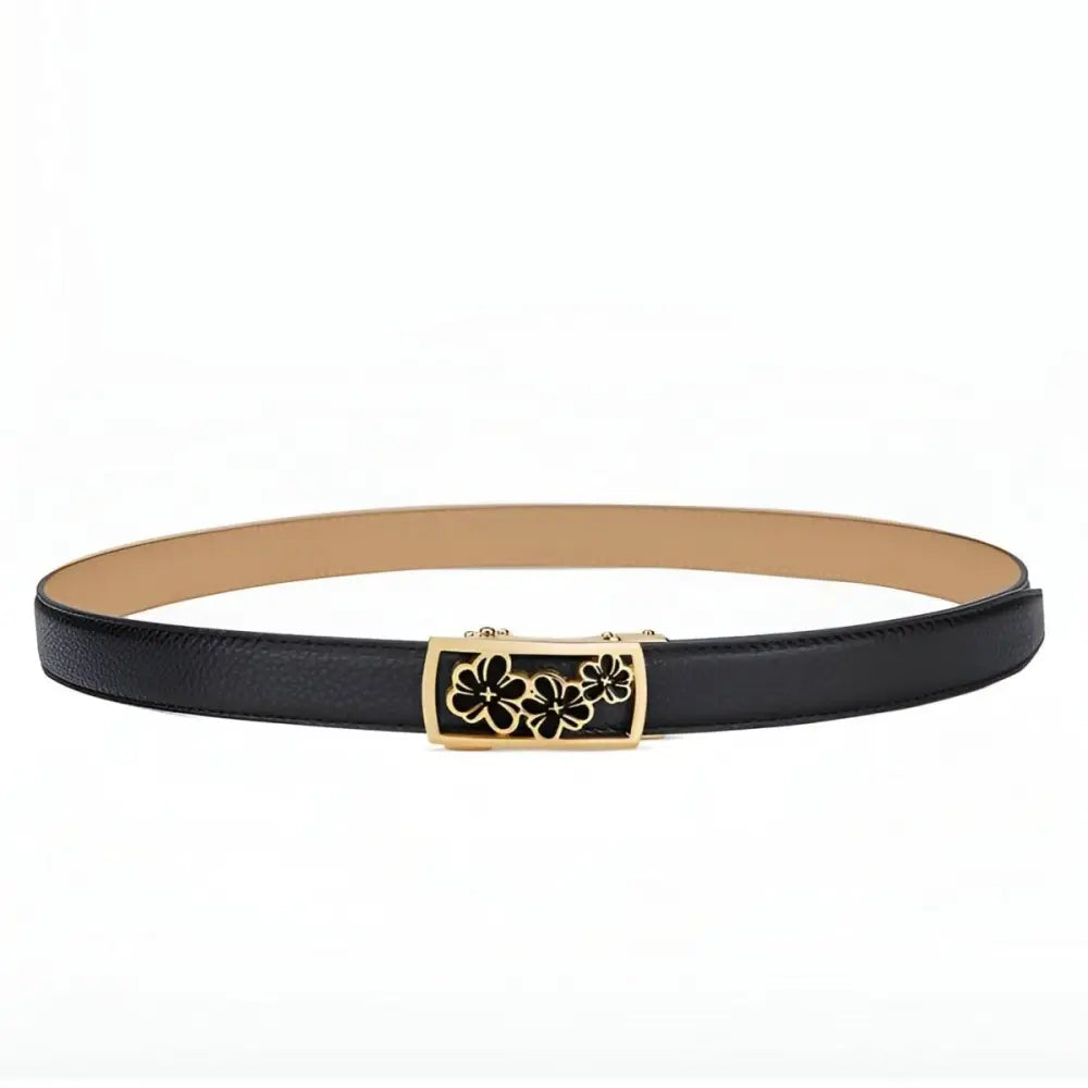 Black grained leather belt with a unique floral buckle featuring three flowers
