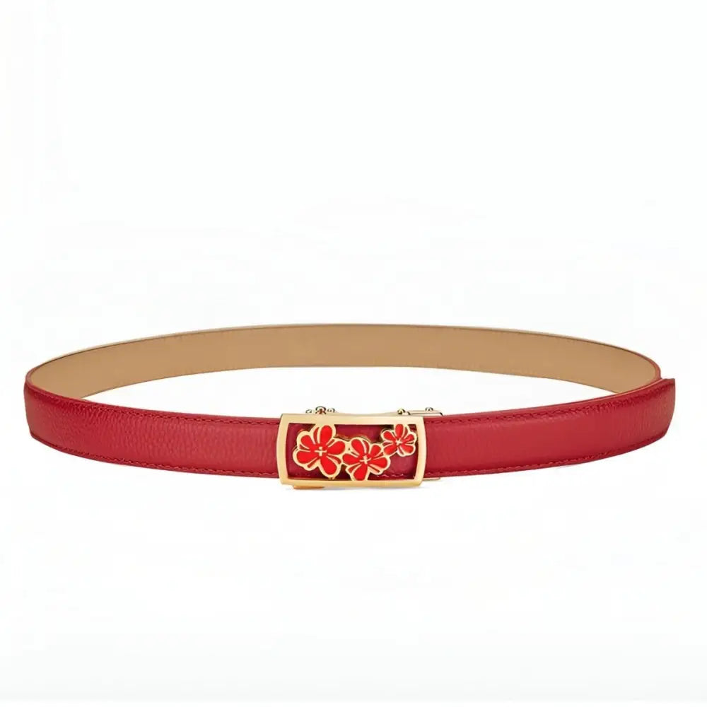 Red grained leather belt with a unique floral buckle featuring three flowers