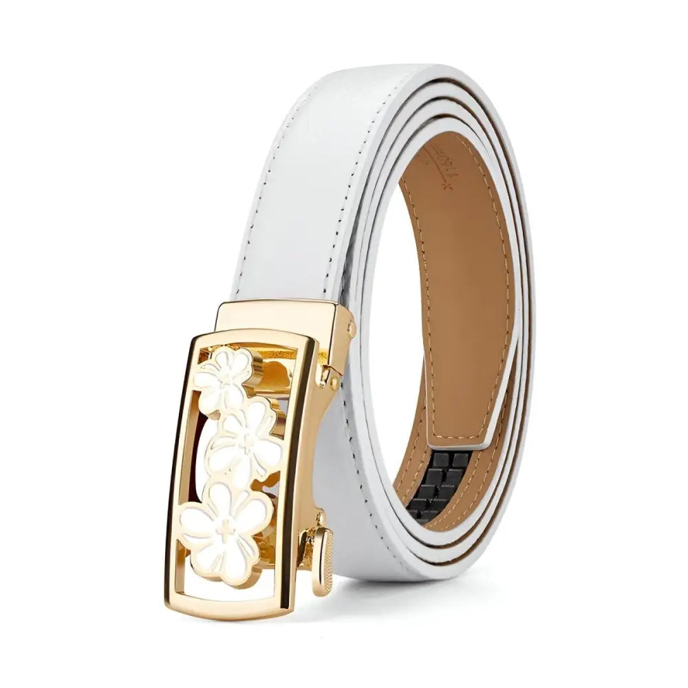 White grained leather belt with a unique floral buckle featuring three flowers