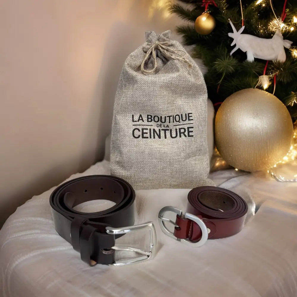 Leather belts and a burlap gift bag in the Leather Belts and Burlap Gift Bag Set