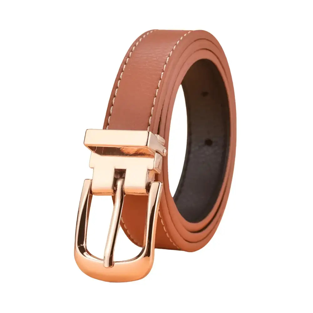 Tan leather belt with gold buckle displayed in Leather Belts with Gold Buckles in Blue product image