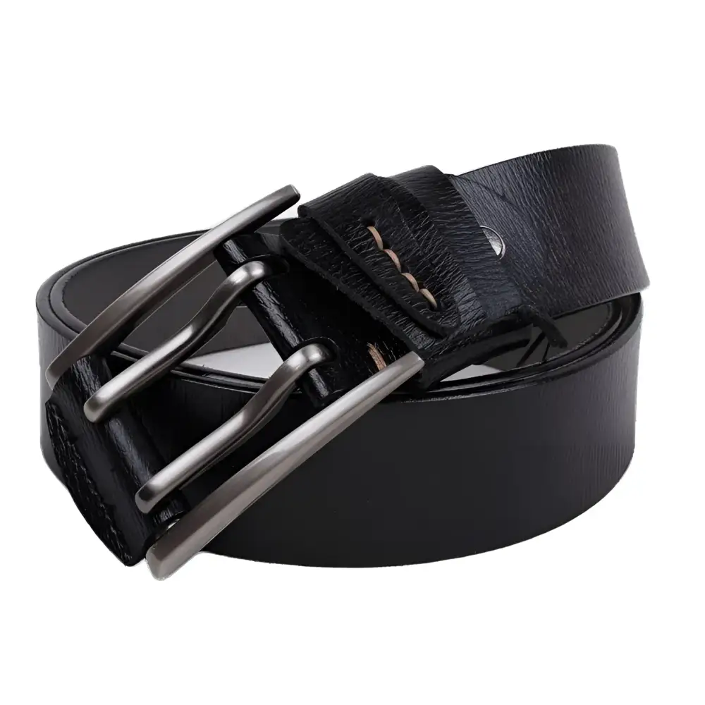 Black leather belt with a double-prong metal silver buckle for stylish accessories