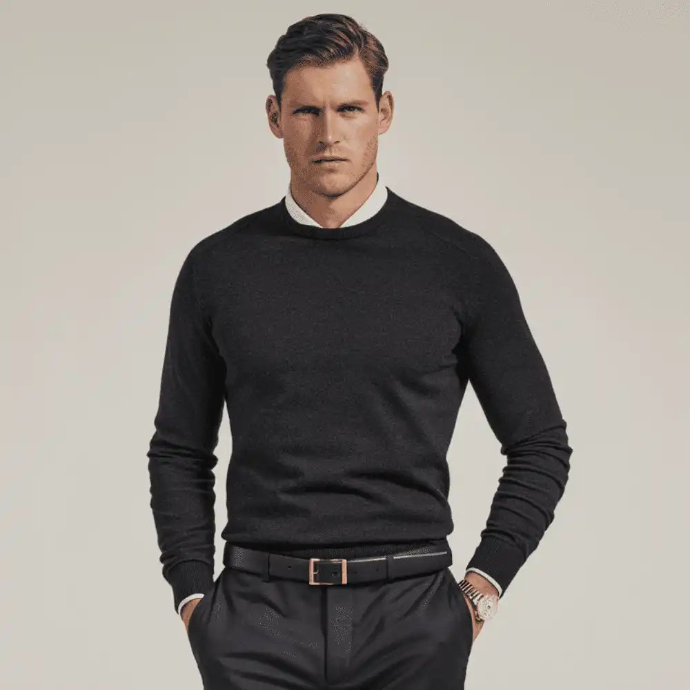 Man in black sweater and dress pants.