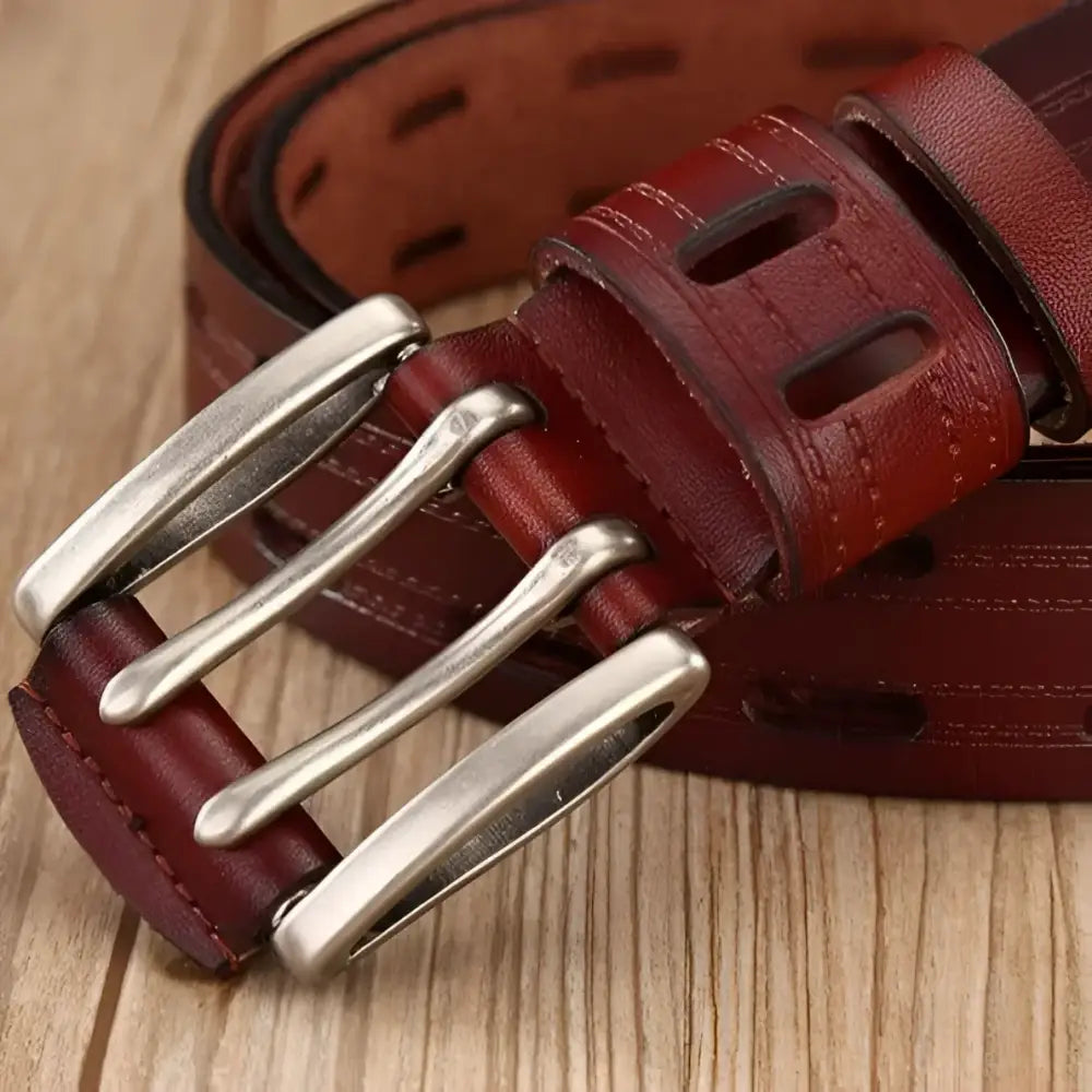 Maroon and Brown Leather Belt with Silver Buckle for Men or Women