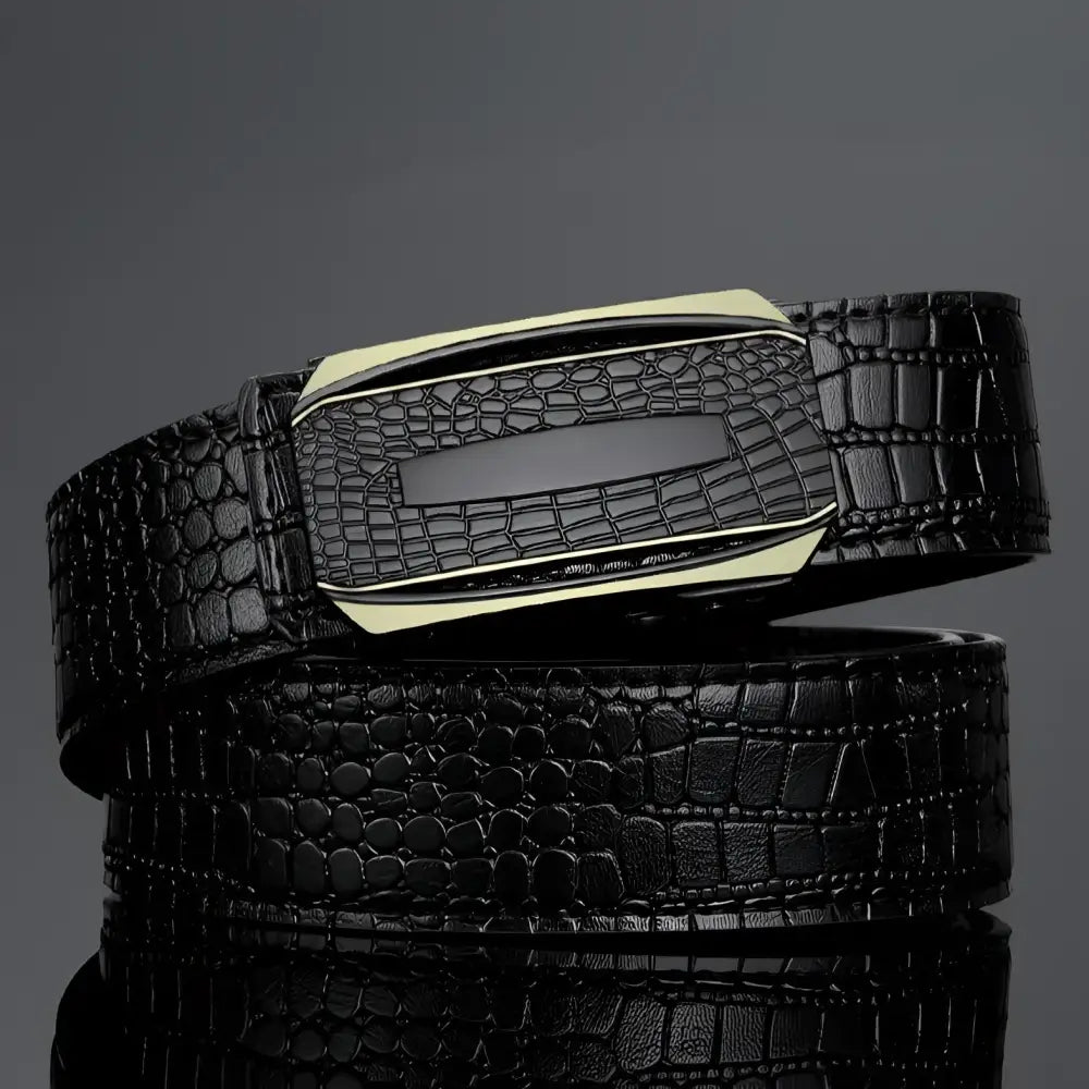 Black crocodile-patterned suit belt with decorative buckle, ideal for men’s crocodile suit attire
