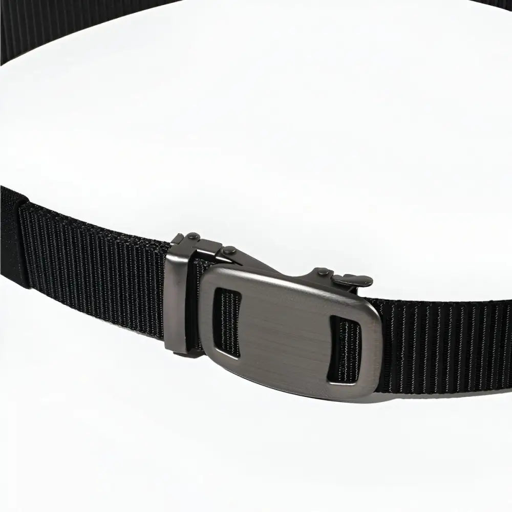 Black nylon belt with automatic buckle shown with Navy Pleated Shorts