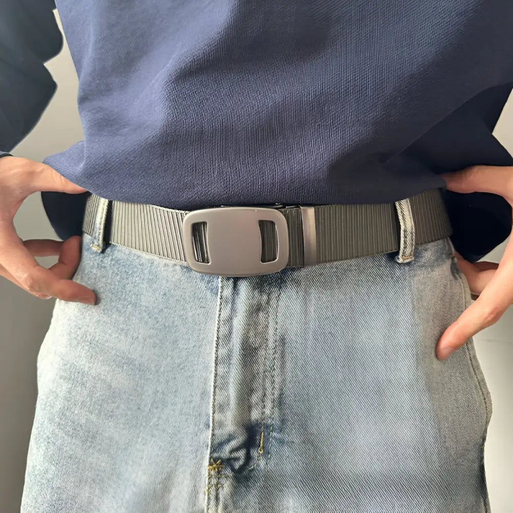 Gray belt with silver buckle featuring an automatic buckle design for Navy Pleated Shorts