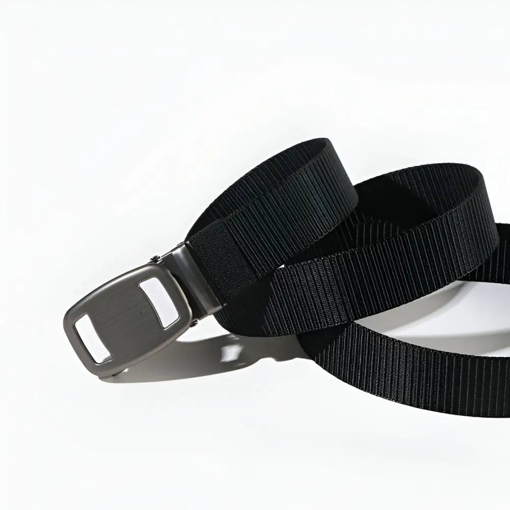 Black nylon belt with metal buckle featuring an automatic buckle for Navy Pleated Shorts