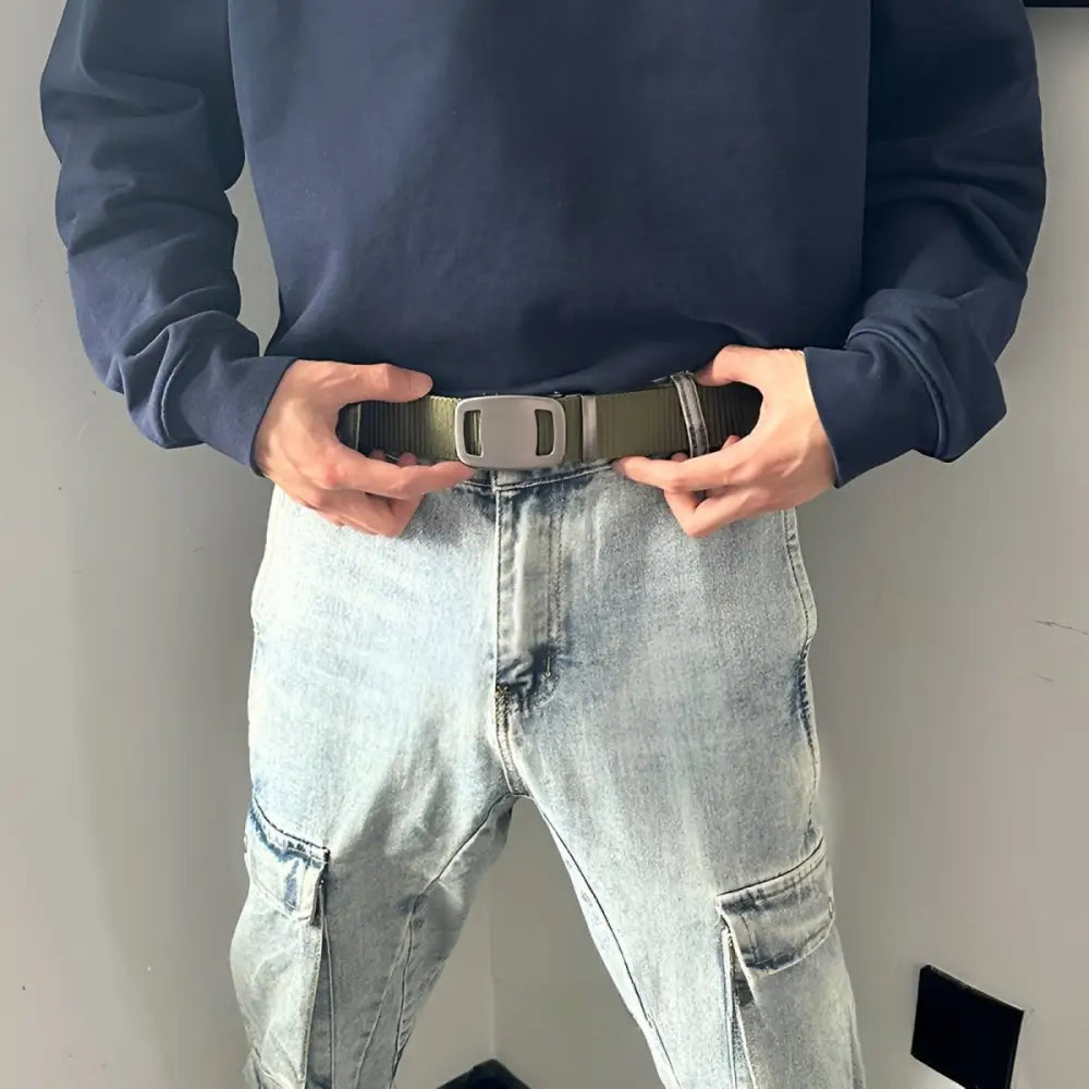 Olive green belt with silver buckle featuring automatic buckle for Navy Pleated Shorts