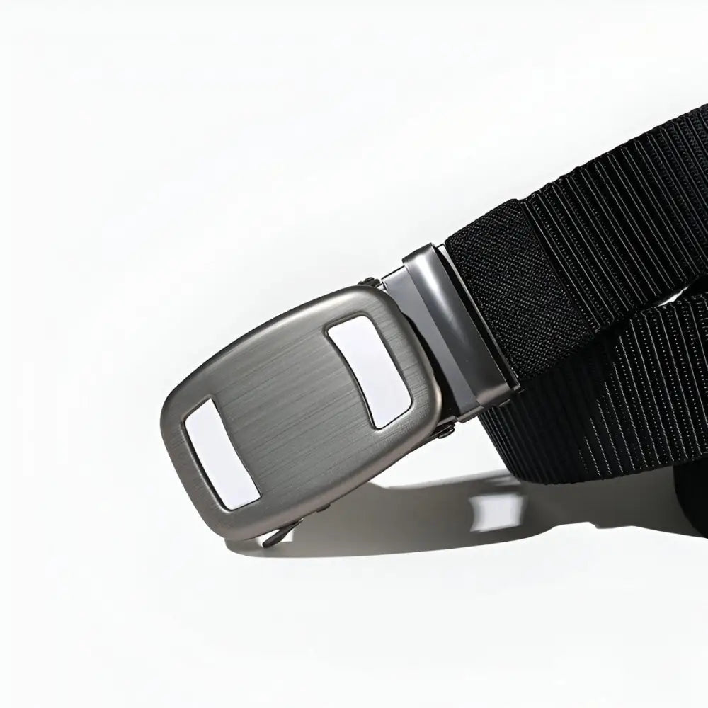 Black nylon belt with metal buckle for Navy Pleated Shorts featuring automatic buckle
