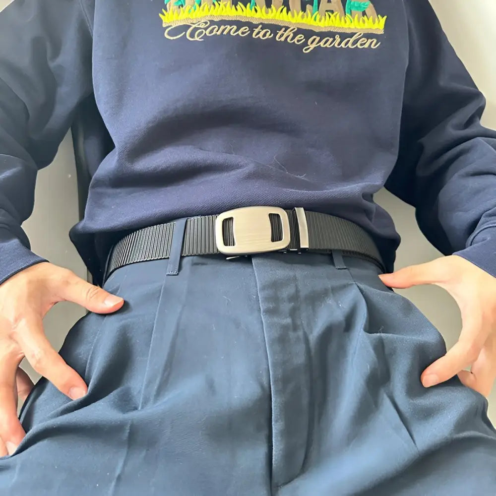 Black belt with silver buckle featuring an automatic buckle for Navy Pleated Shorts
