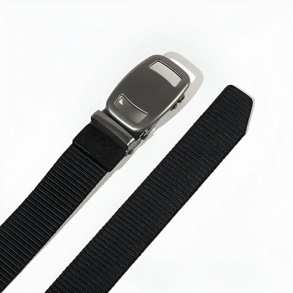 Black nylon belt with metal buckle showcasing an automatic buckle for Navy Pleated Shorts