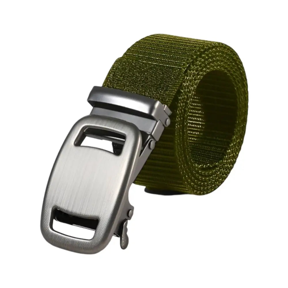 Olive green canvas belt with silver buckle featuring an automatic buckle design for Navy Pleated Shorts