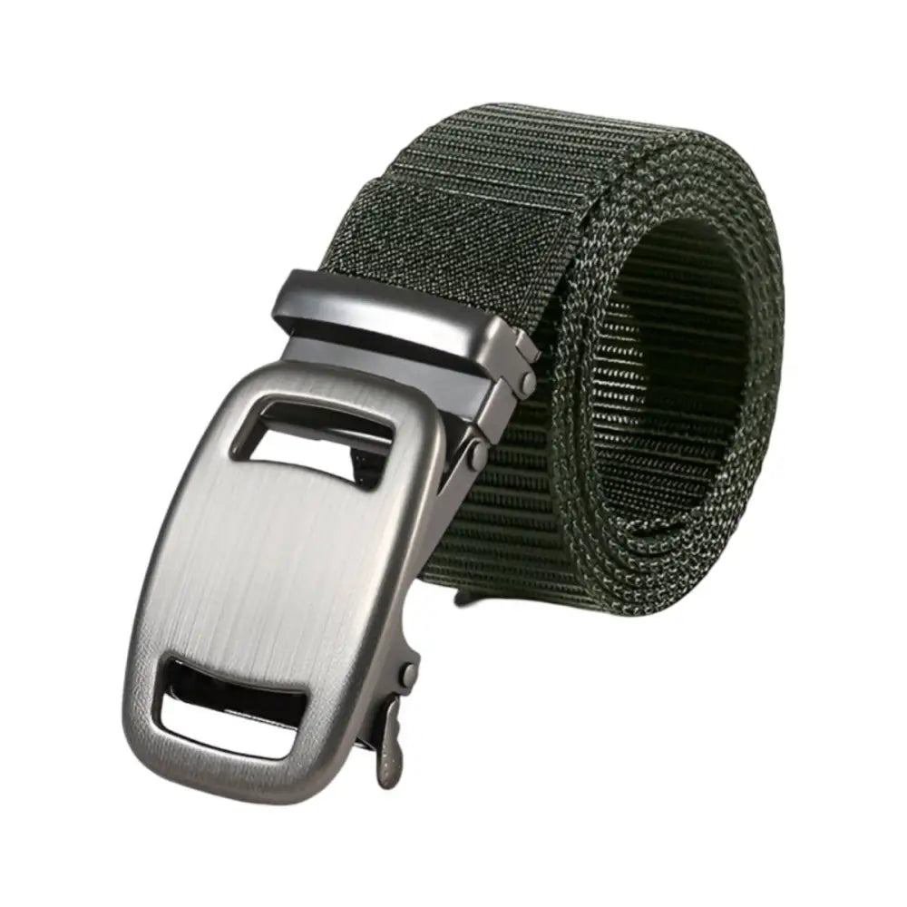 Olive green nylon belt with metal buckle showing automatic buckle detail for Navy Pleated Shorts