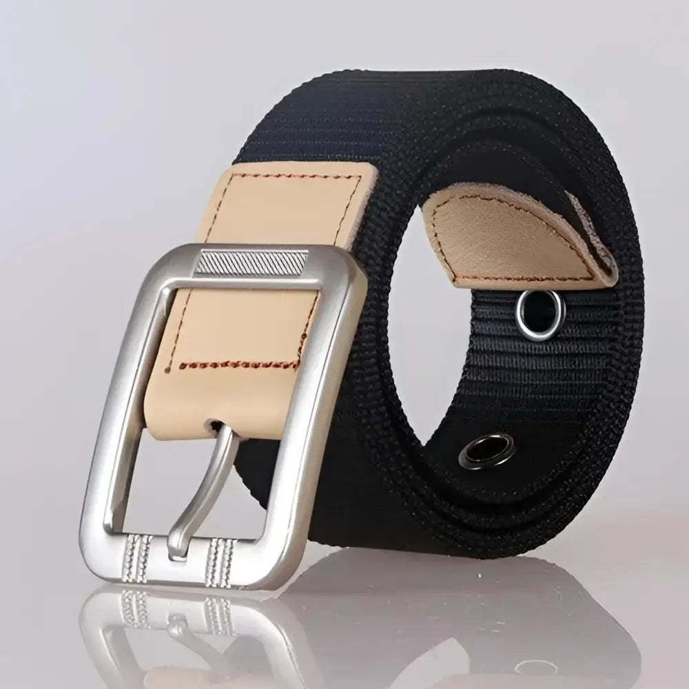 Black canvas nylon biona belt with silver buckle for stylish casual wear