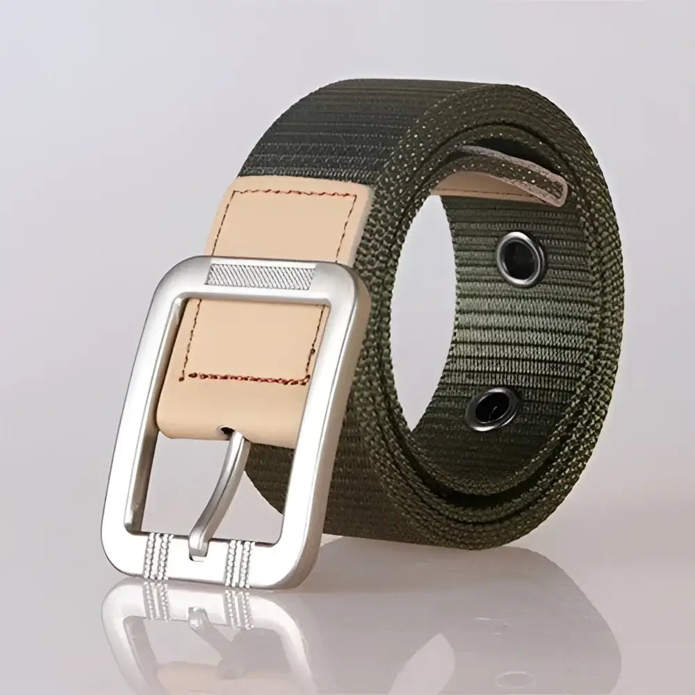 Olive green canvas nylon biona belt with silver buckle for stylish menswear