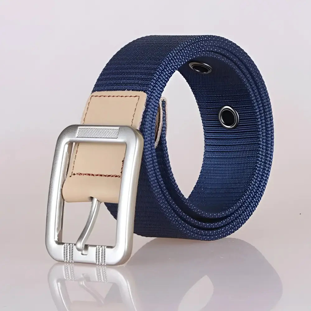 Blue canvas nylon Biona belt with silver buckle for stylish casual wear