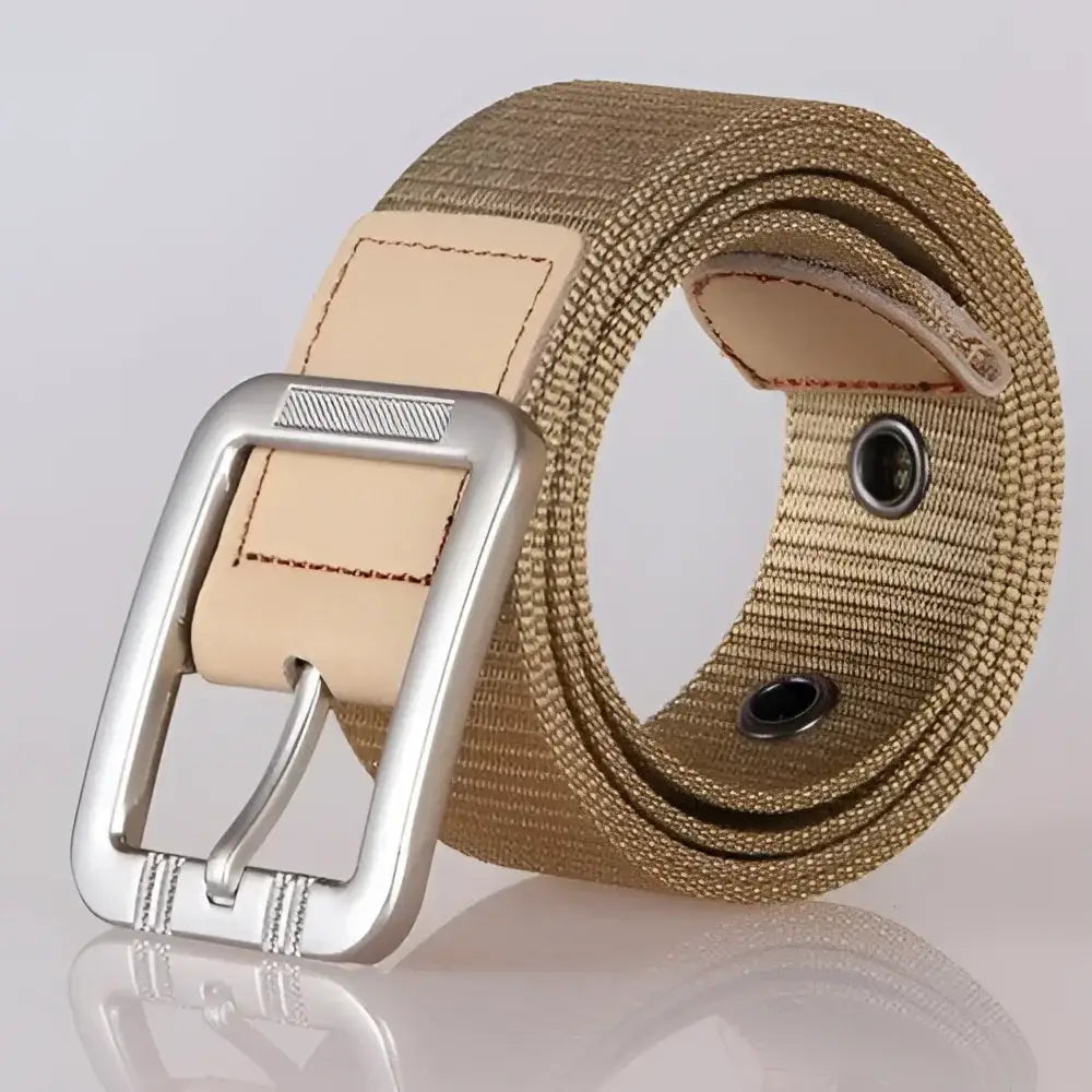 Tan canvas belt with silver buckle from the Nylon Biona Belt collection