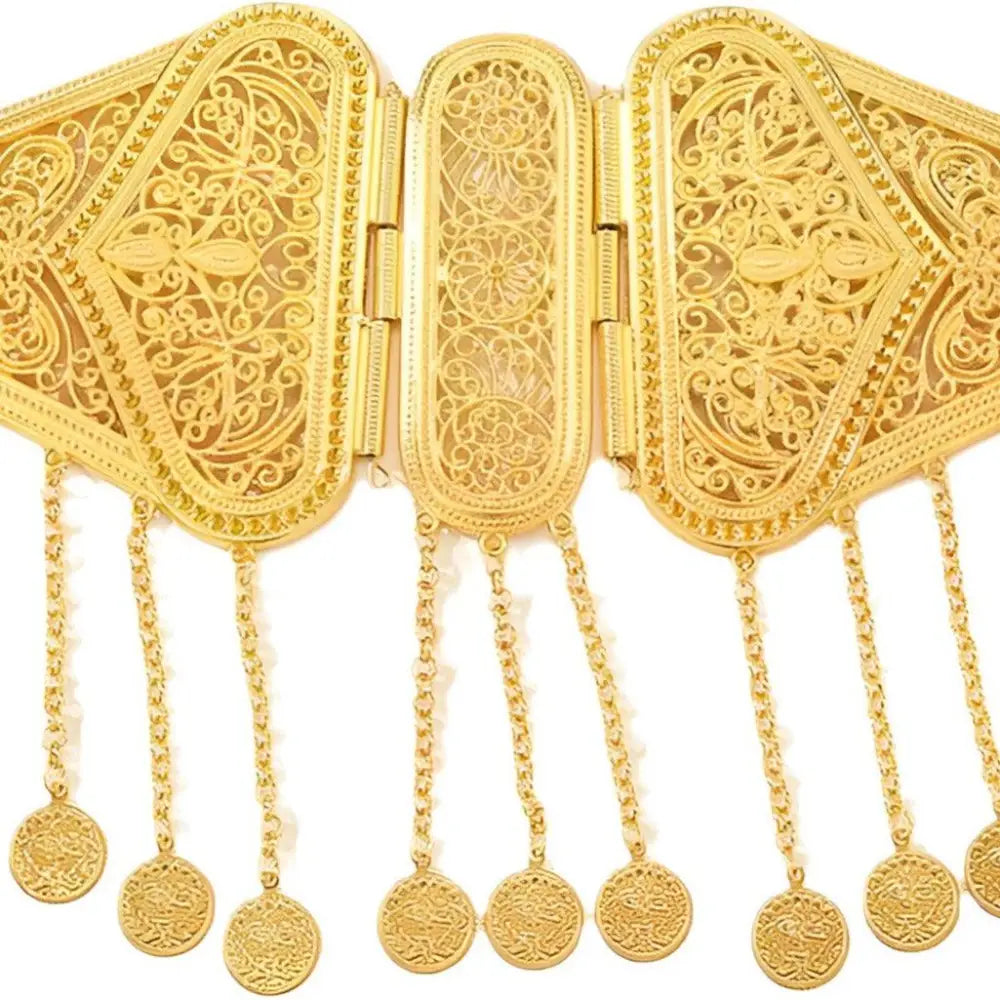 Ornate gold belt with detailed coin pendants and dangling embellishments