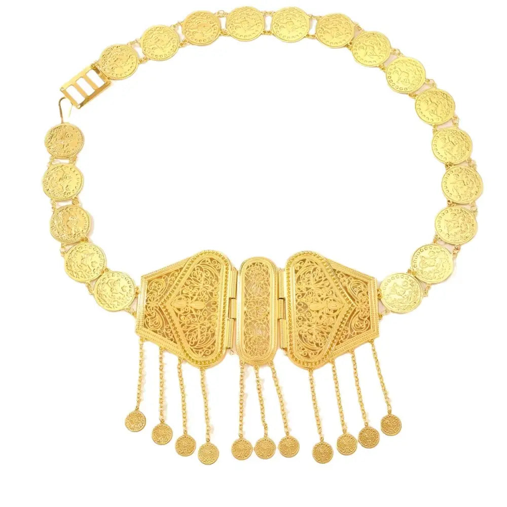Ornate gold coin belt with dangling coins and intricate craftsmanship displayed