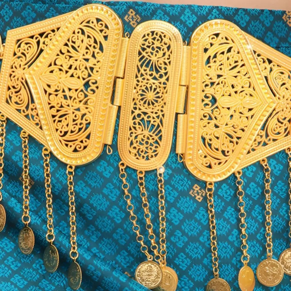 Ornate gold belt featuring dangling coins, ideal for traditional and festive attire