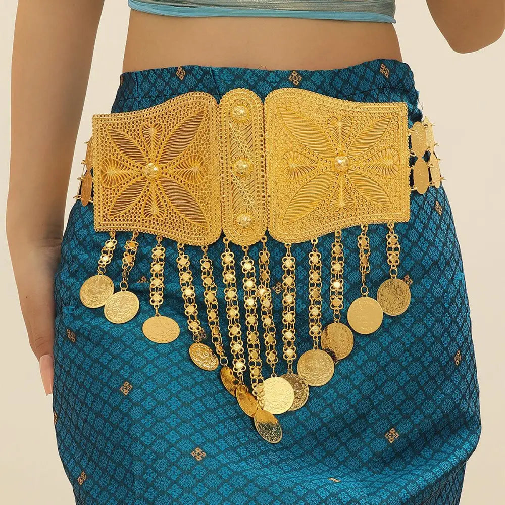 Ornate gold coin Moroccan belt with filigree detailing and coin dangle accents
