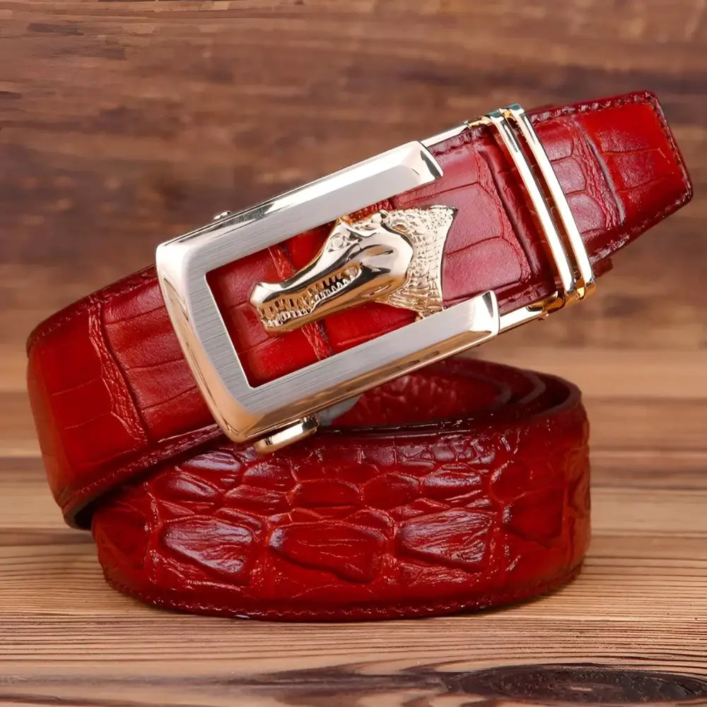 Ravil Belt Set featuring red crocodile-pattern leather belt with silver and gold alligator buckle