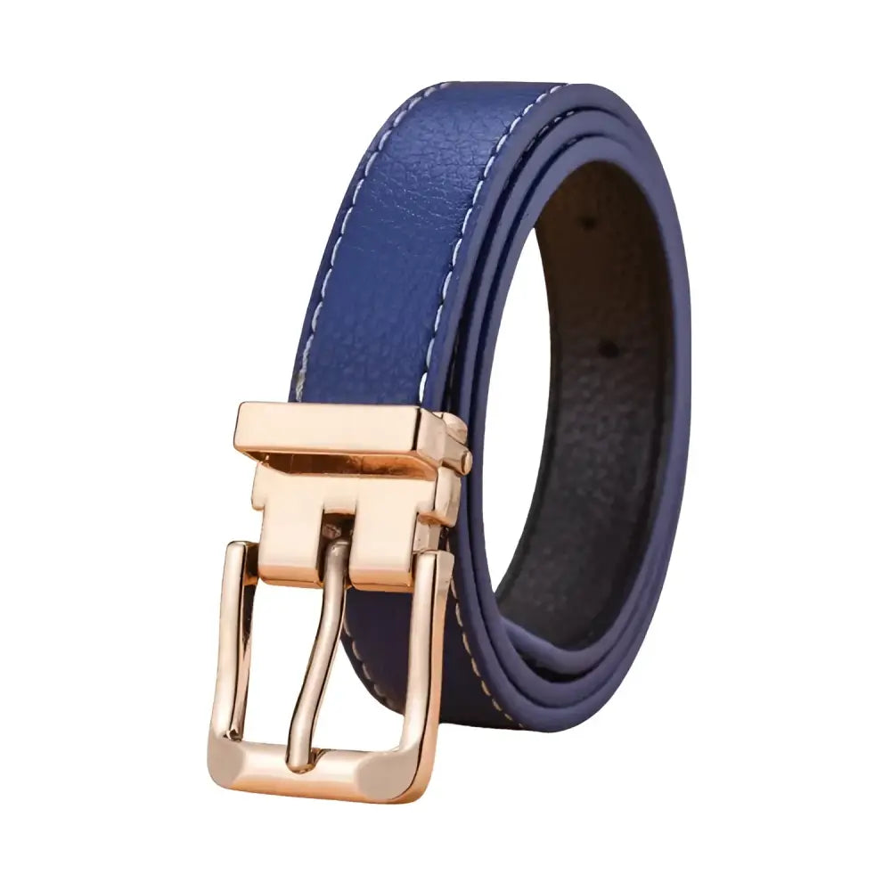 Blue leather children’s belt with gold buckle, stylish kids’ accessory and yet durable