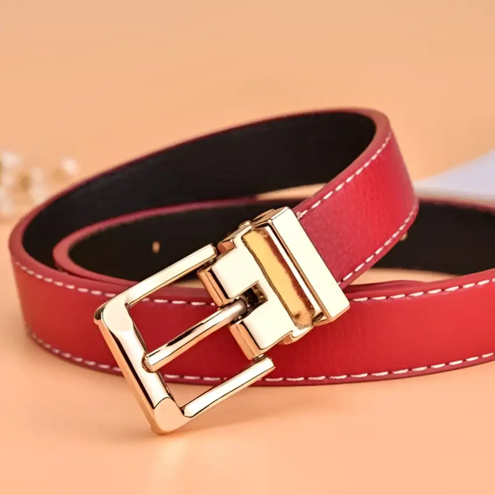 Red leather children’s belt with gold buckle for kids, stylish and durable accessory