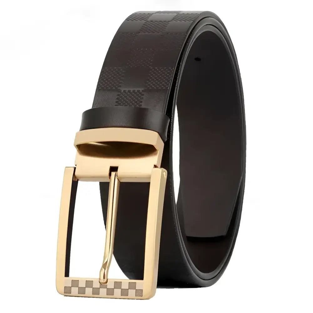 Brown checkered leather suit belt with gold buckle, reversible design for versatile wear