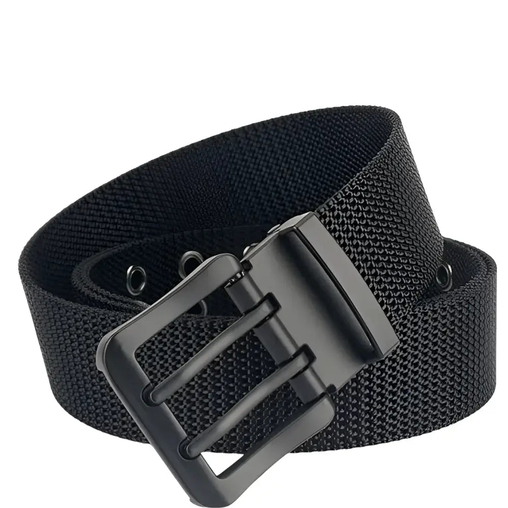 Black nylon canvas belt with double prong metal buckle for durable fashion style