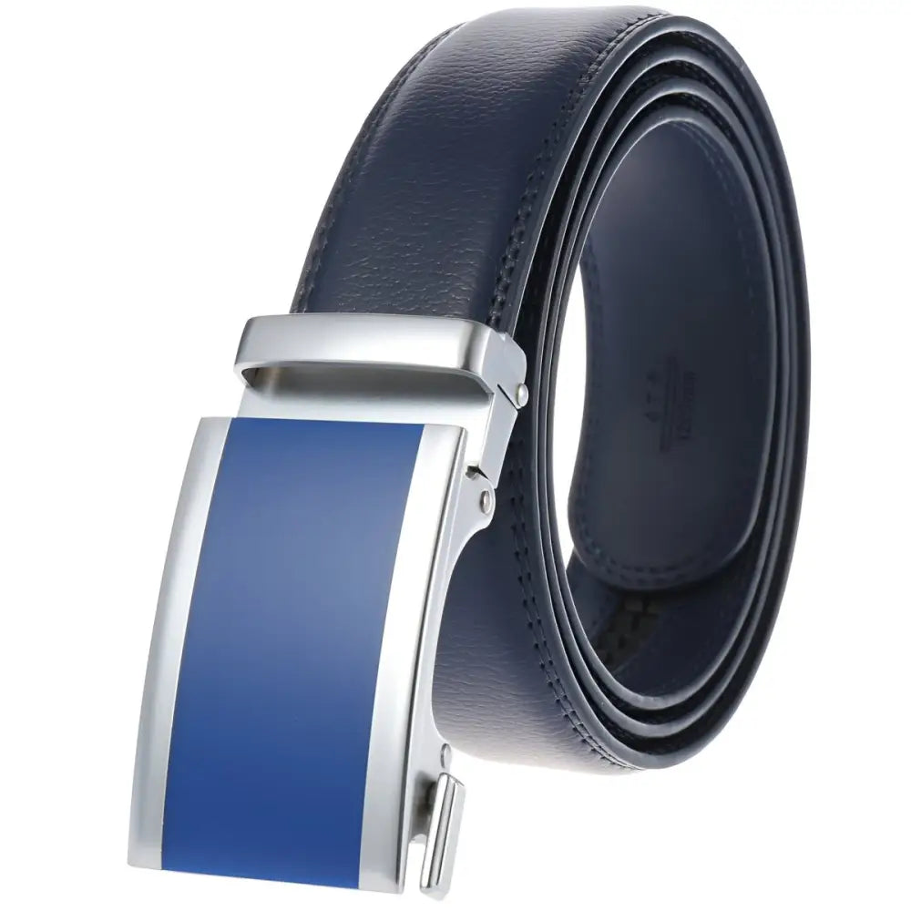 Blue leather belt with silver buckle, ideal as a black leather belt for men