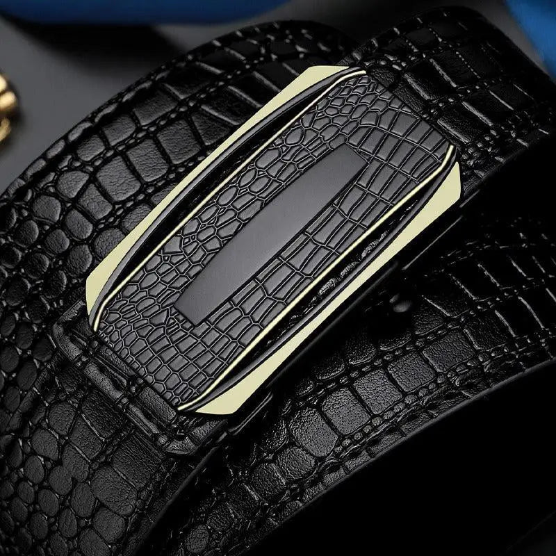 Black crocodile-patterned leather suit belt with rectangular buckle for men’s crocodile suit wear