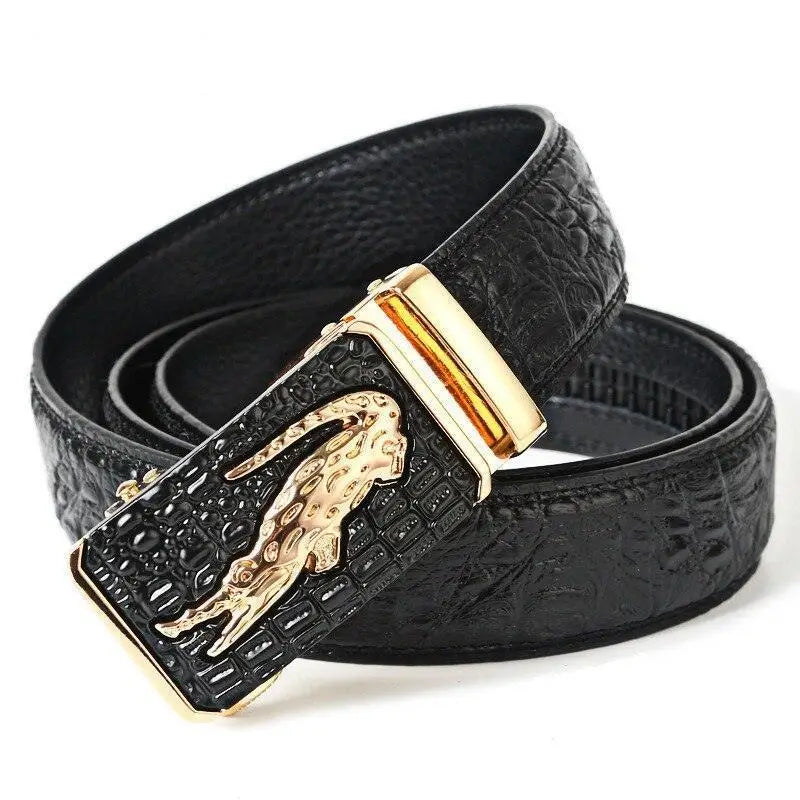 Black croco leather suit belt with gold jaguar buckle for elegant crocodile accessory