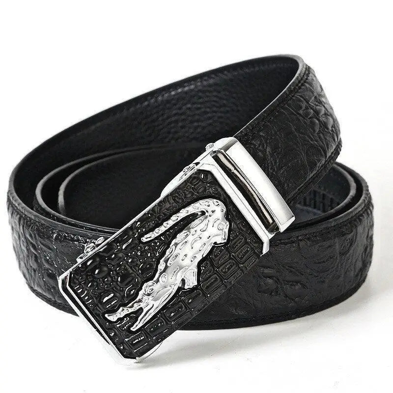 Black croco leather suit belt with silver crocodile buckle for elegant formal wear