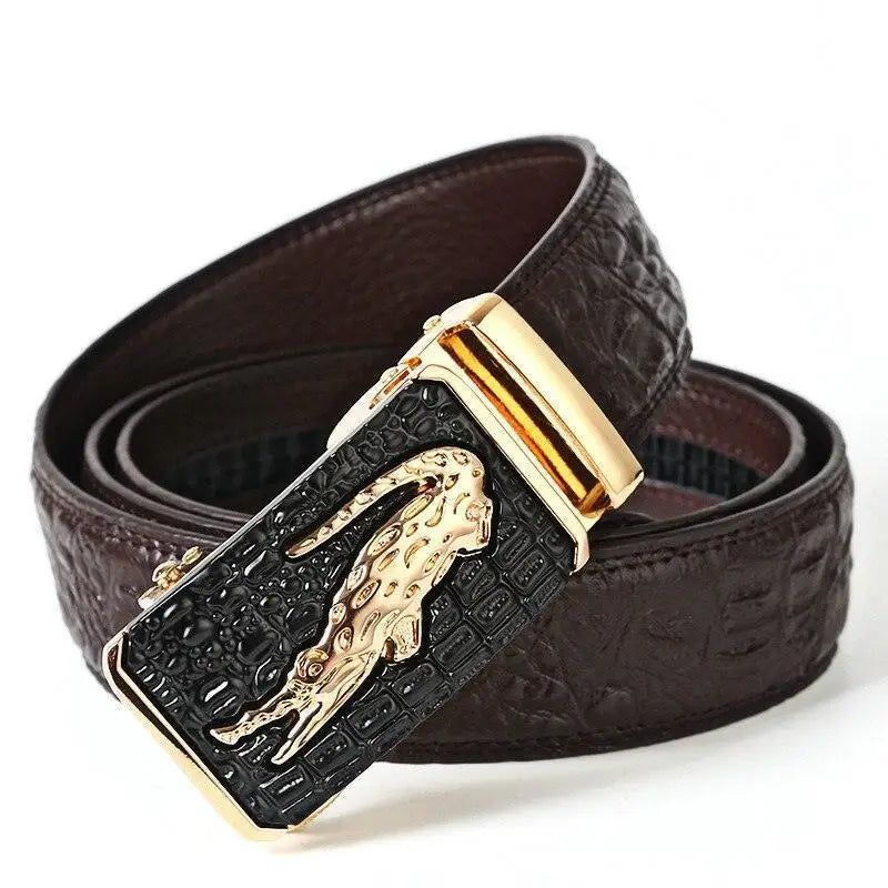 Elegant croco leather belt with gold crocodile buckle suitable for suit wear