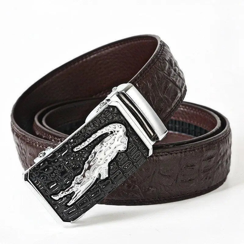 Brown croco leather suit belt with silver crocodile buckle for elegant formal wear