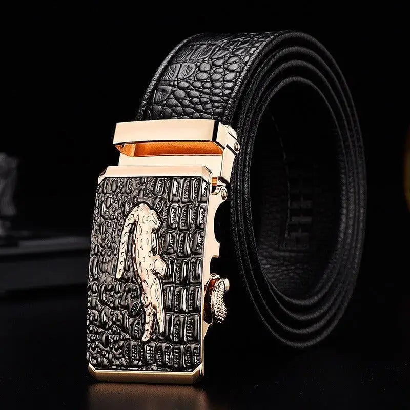 Niyaz belt featuring a black leather design with crocodile texture and a gold buckle