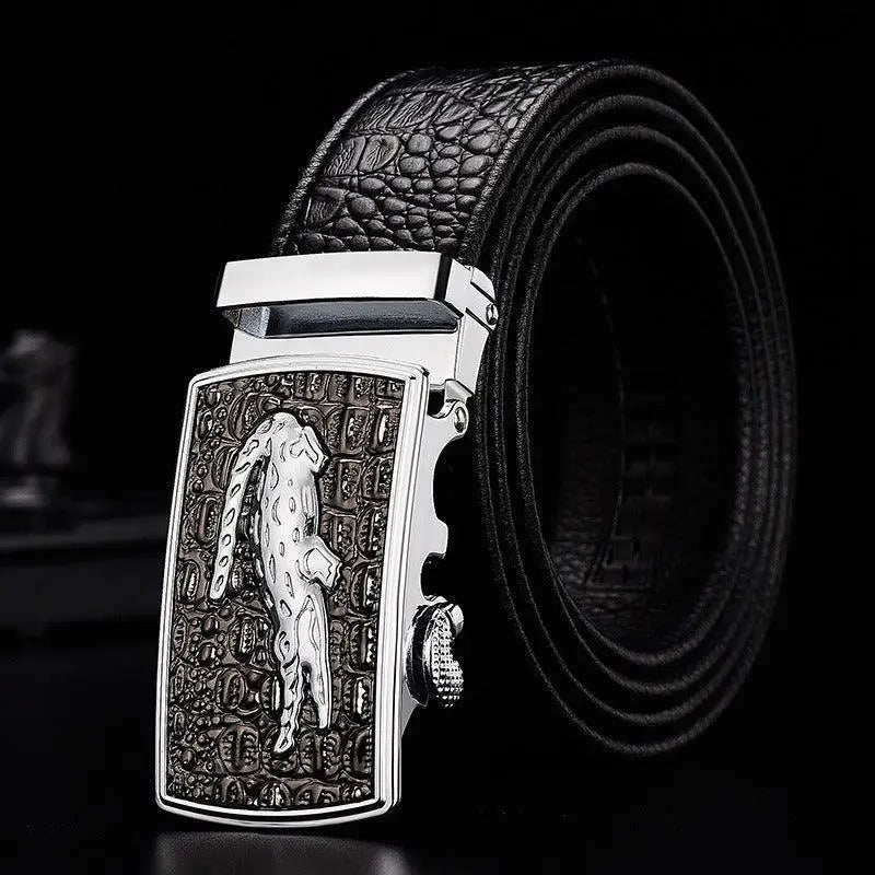 Niyaz belt featuring black crocodile-patterned leather and silver jaguar buckle