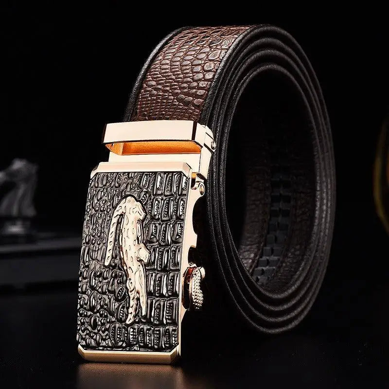 Niyaz belt featuring brown leather and crocodile buckle with gold accents