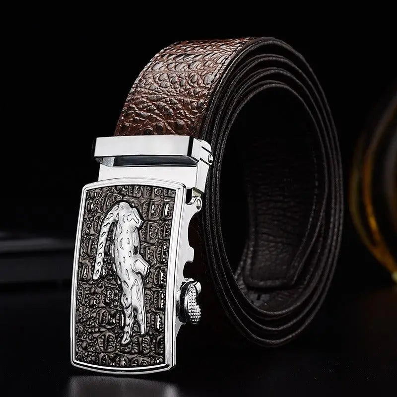 Niyaz Belt featuring brown leather and crocodile buckle with gold detail